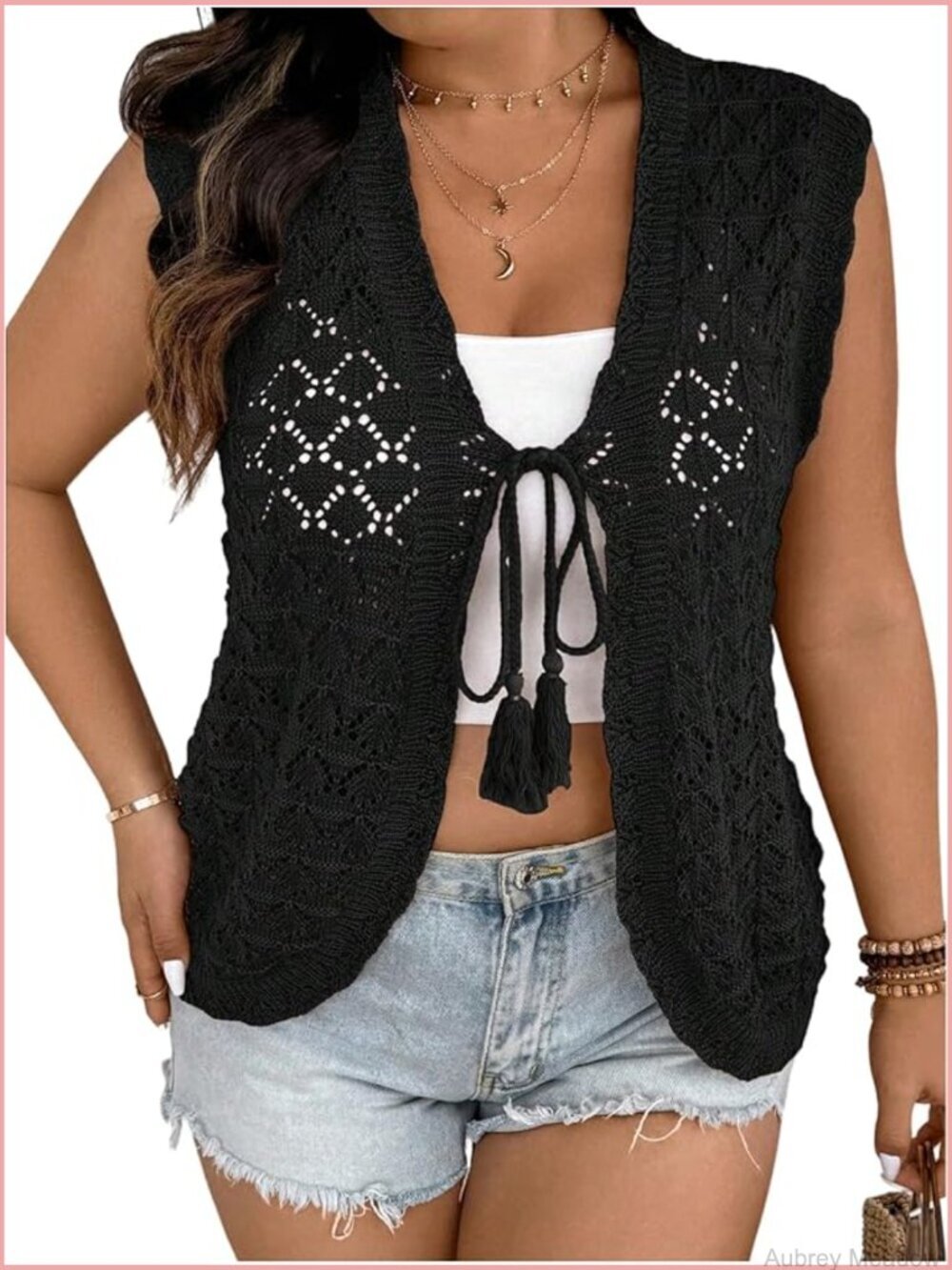 Plus Size Hollow Out Bow Tie Sweater Vest Sheer V Neck Cardigan